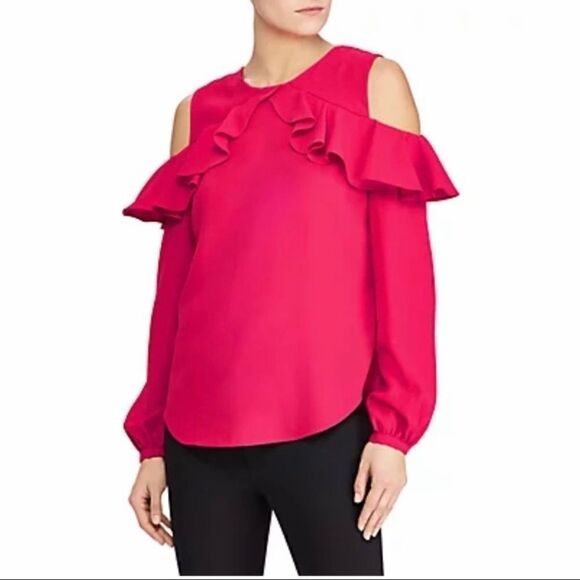 NWT Lauren Ralph Lauren Pink Cold Shoulder Blouse Crepe Ruffles Small - Picture 1 of 7
